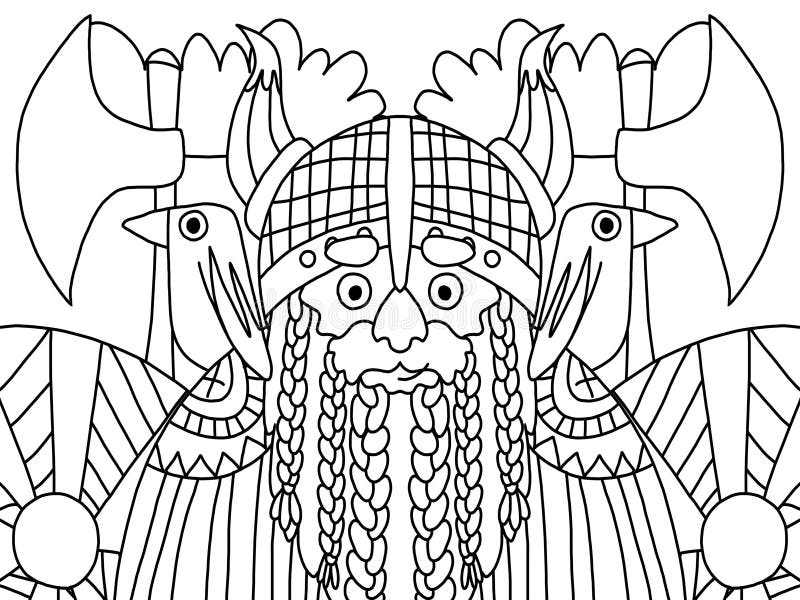 Funny cartoon viking with raven horned helmet shells and axes coloring book page for kids and adults stock illustration