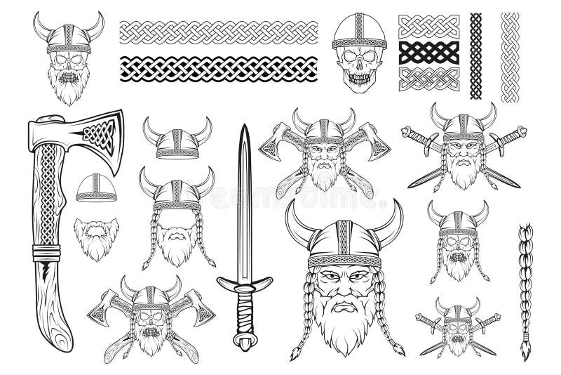 Set of various elements on the theme of the vikings hand drawn of a viking in a helmet stock vector