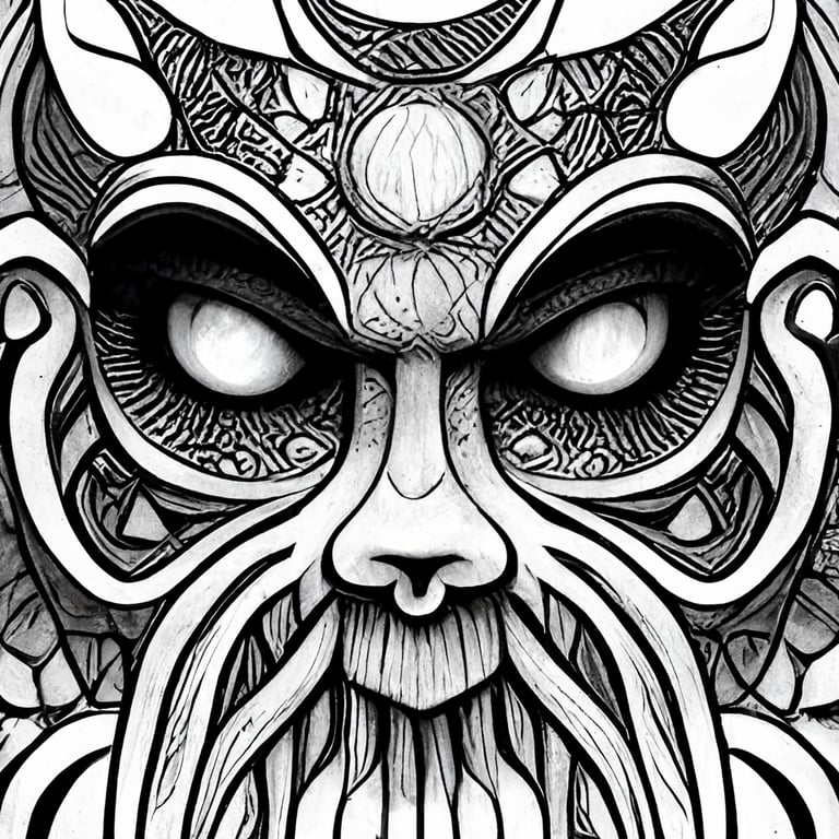 Black and white trippy psychedelic nordic viking monster face coloring page for adults printable outlined art intricate details crisp line intricate details illustration geometric patterns highly detailed mandala dark fantasy