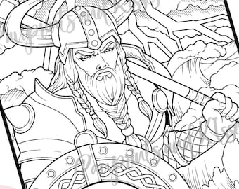 Viking battle digital download coloring sheet viking coloring for adults kids and teens pagan nordic icelandic norse gods