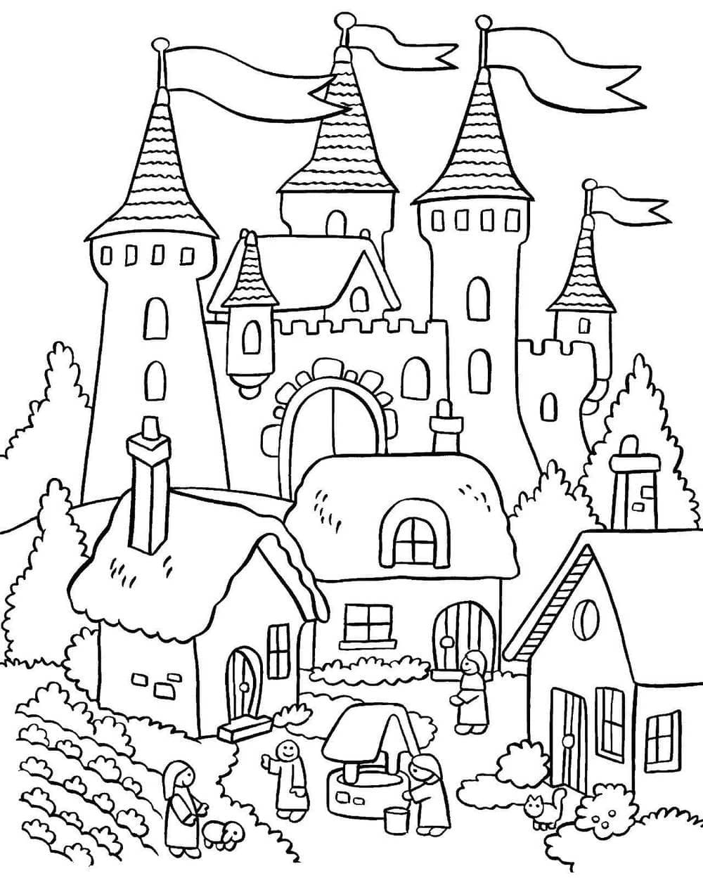 Castle and village coloring page