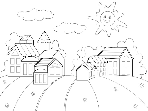 Premium vector landscape a village of houses and fields vector page for printable children coloring book