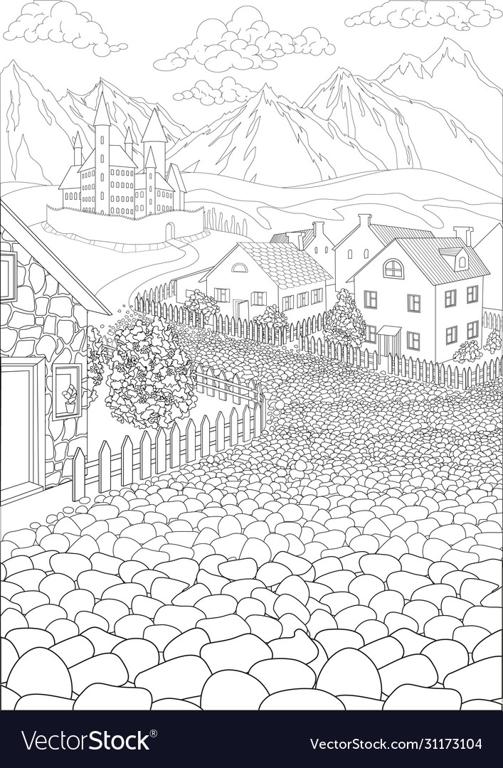 Coloring book for adults with cute village vector image