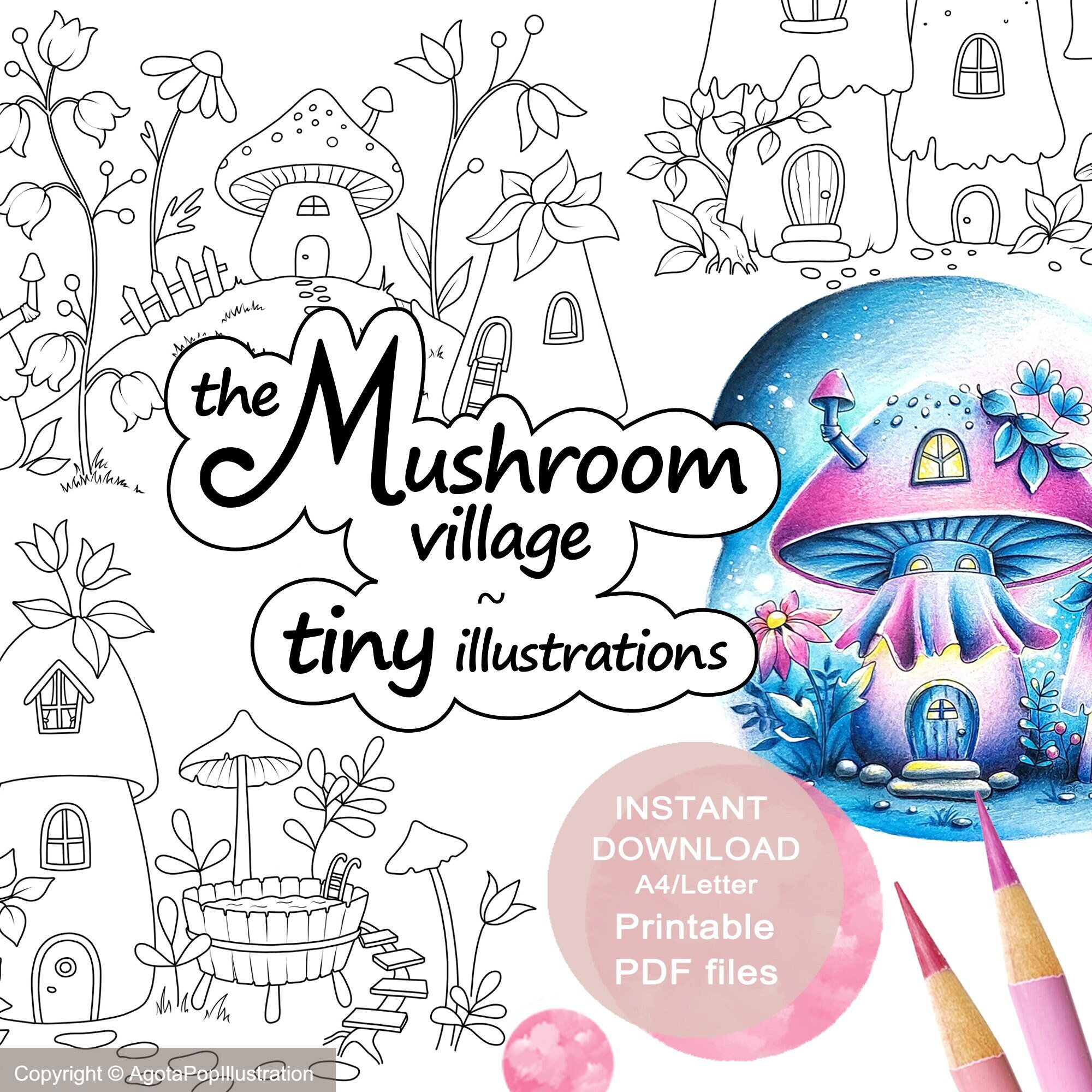 The mushroom village tiny illustrations colouring page set for adults tiny illustrations printable pdf instant download