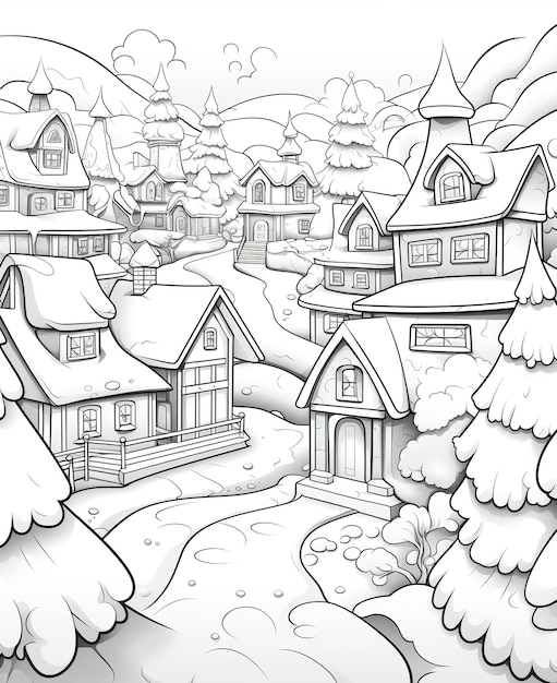 Premium ai image coloring page for adults decorated christmas village