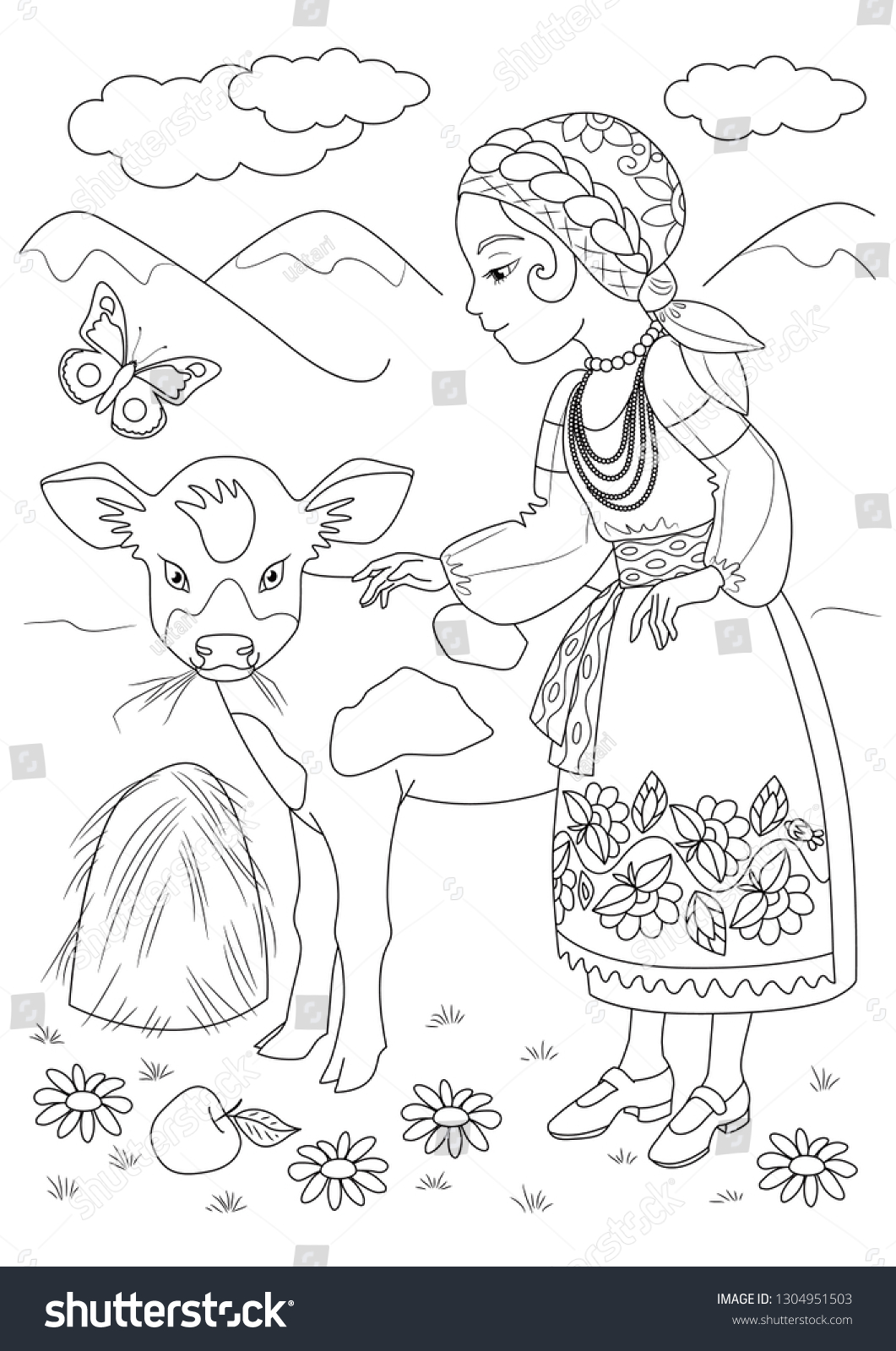 Girl village coloring page outline cartoon stock vector royalty free