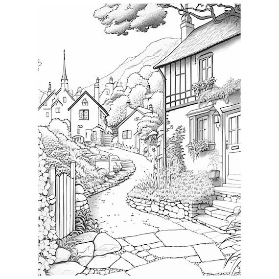 Village coloring pages printable coloring book coloring pages for kids and adults landscapes and countrysites with houses homes download now
