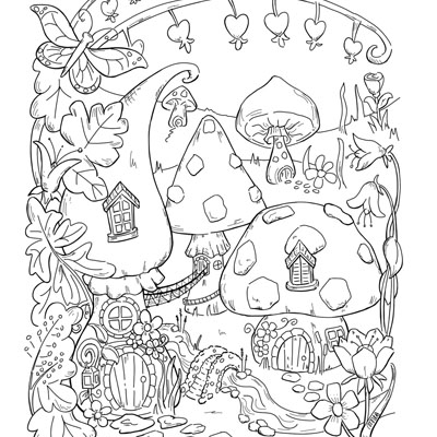 Mushroom houses village coloring page c