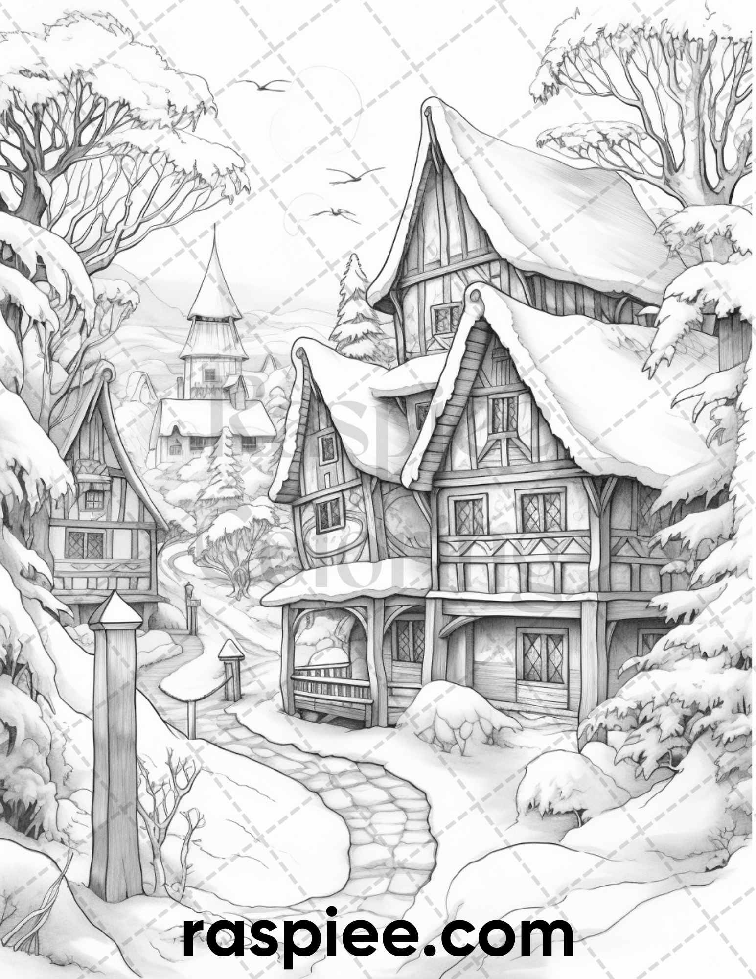 Fantasy winter village grayscale coloring pages for adults pdf fil â coloring