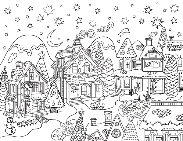 Christmas village adult coloring page