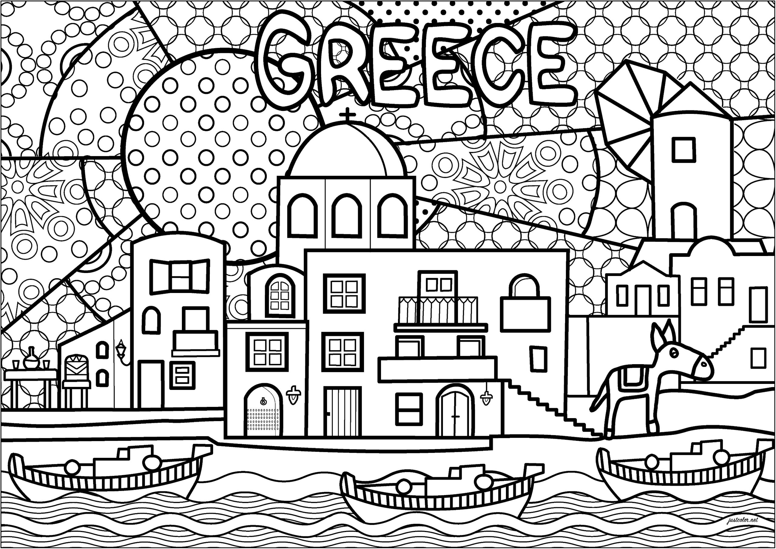 Pretty greek village with typical architecture coloring page