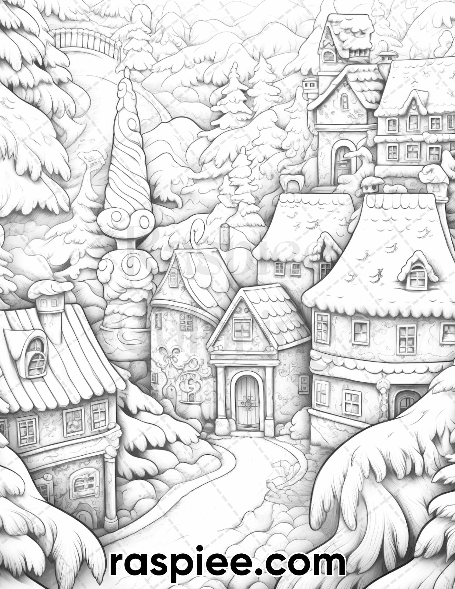 Gingerbread village grayscale coloring pages for adults printable â coloring