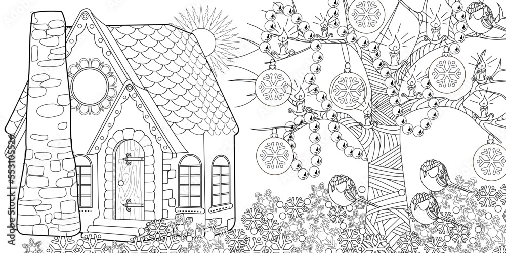 Art therapy coloring page colouring pictures with cute village house in winter coloring books make you feel better coloring drawings is an effective art therapy practice vector