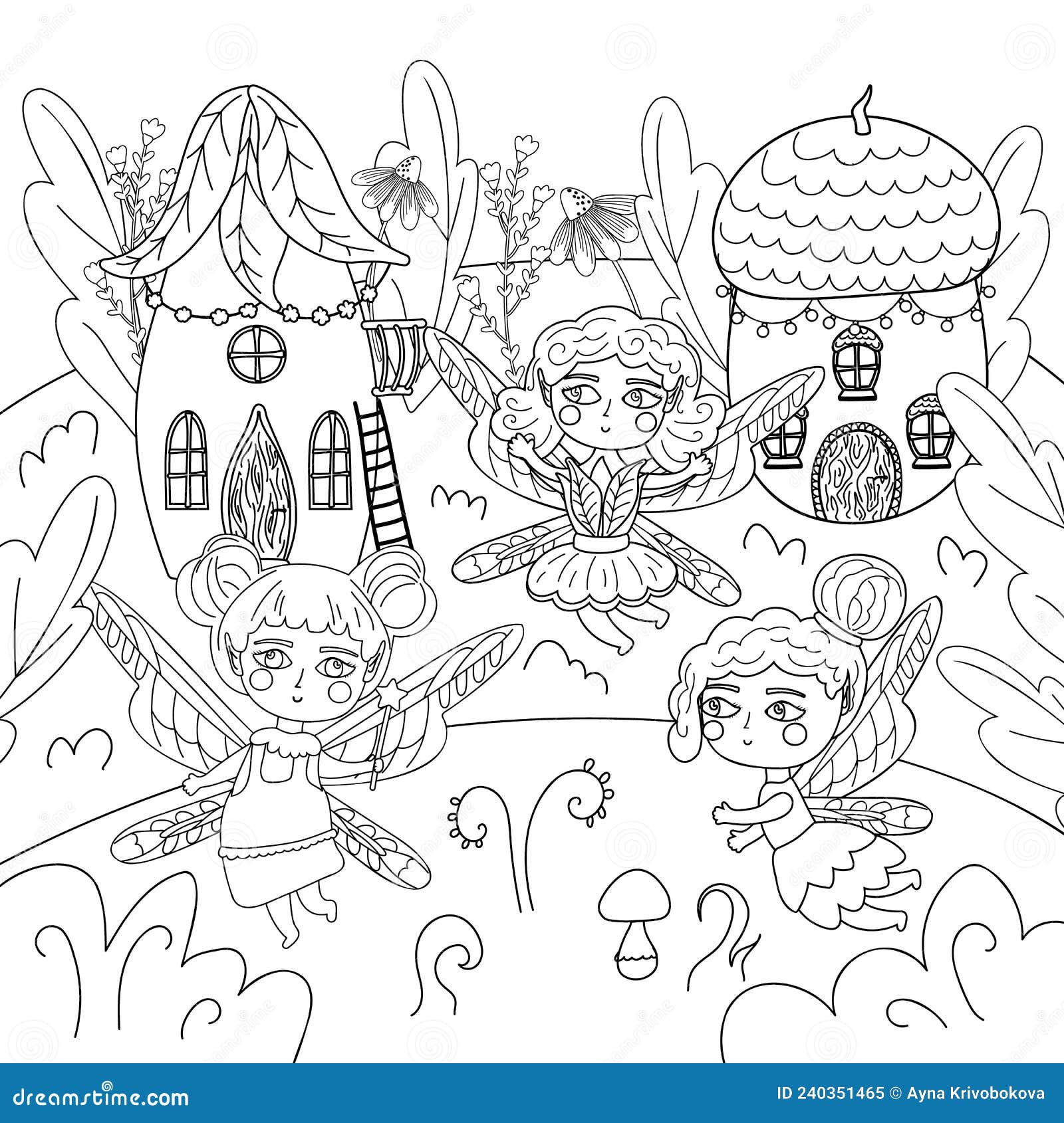 Illustration coloring page of magical fairies in fairytale village coloring page for adults antistress and for children fairy stock vector