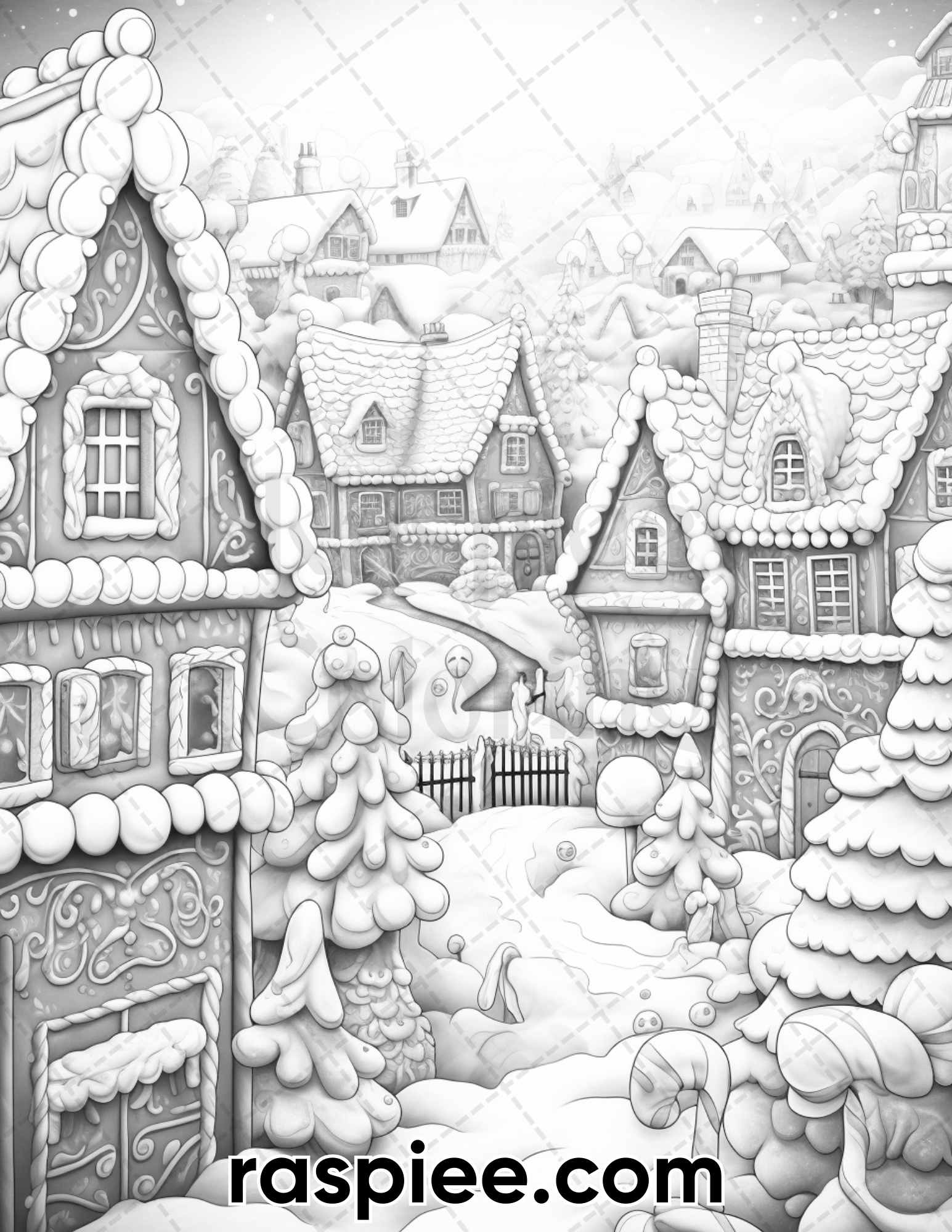 Gingerbread village grayscale coloring pages for adults printable â coloring