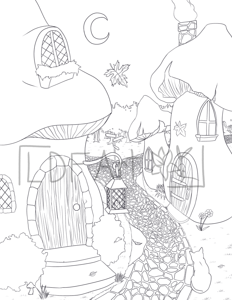 Cat in the mushroom village coloring page