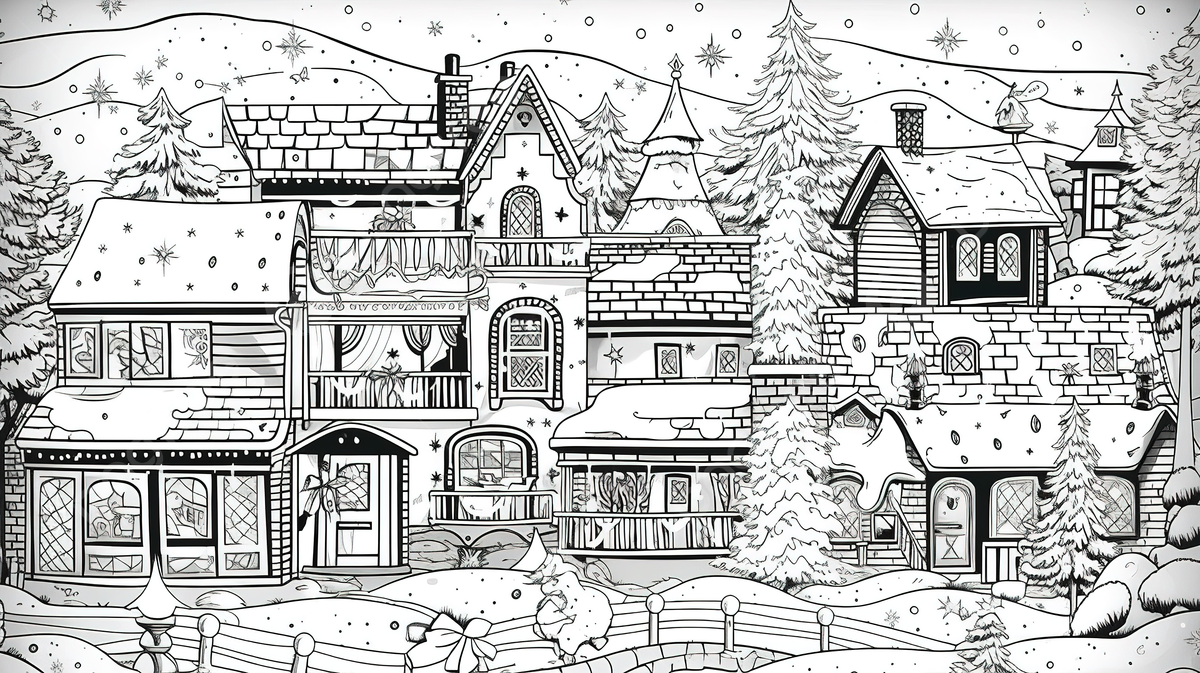 Snow village coloring book illustration on black background christmas coloring page christmas christmas powerpoint background image and wallpaper for free download