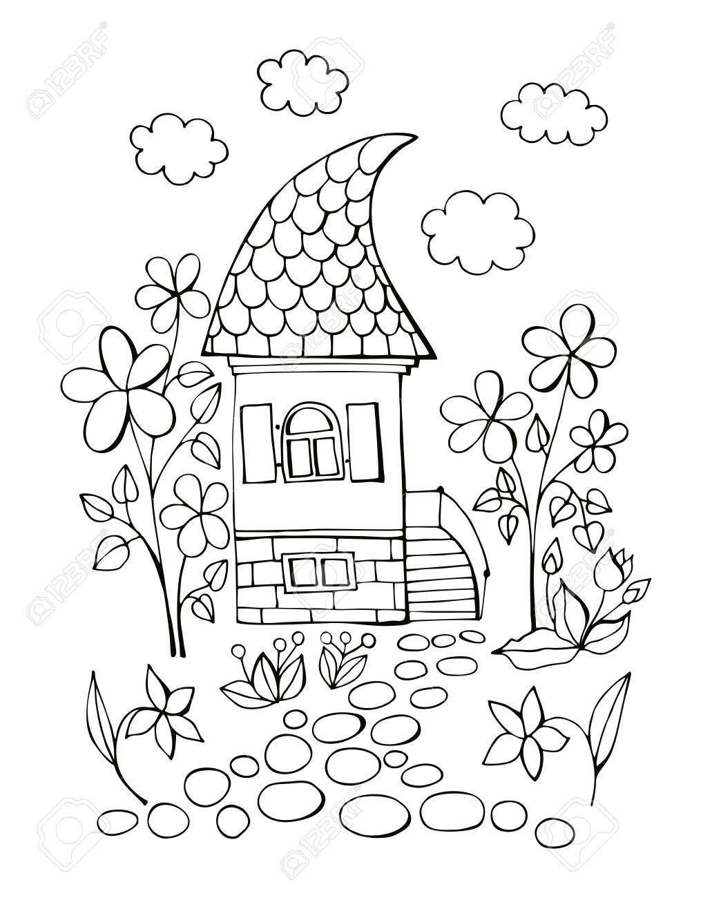 Summer day in fairy village coloring book with cute house and flowers black and white vector illustration royalty free svg cliparts vectors and stock illustration image