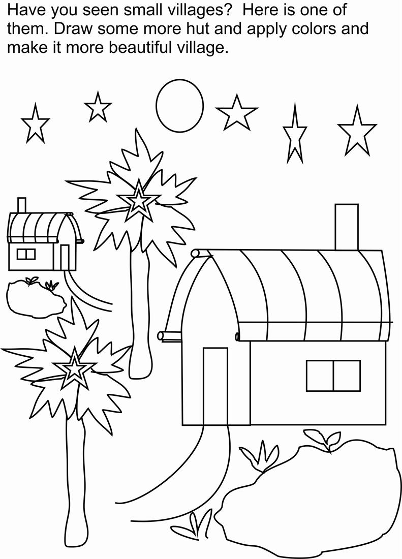 Village scene coloring printable page for kids