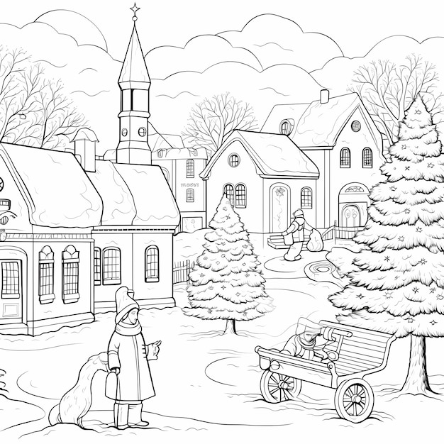 Premium ai image vintage christmas village delight childrens coloring page with clean lines