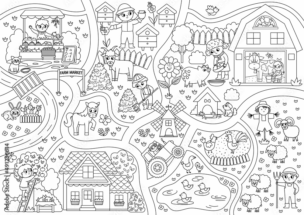 Farm black and white village map country life outline background vector rural area scene with animals farmers barn tractor countryside plan or coloring page with field pasture cottage garden vector