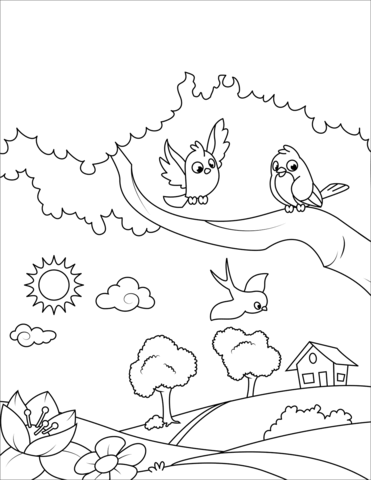 Birds in the village coloring page free printable coloring pages