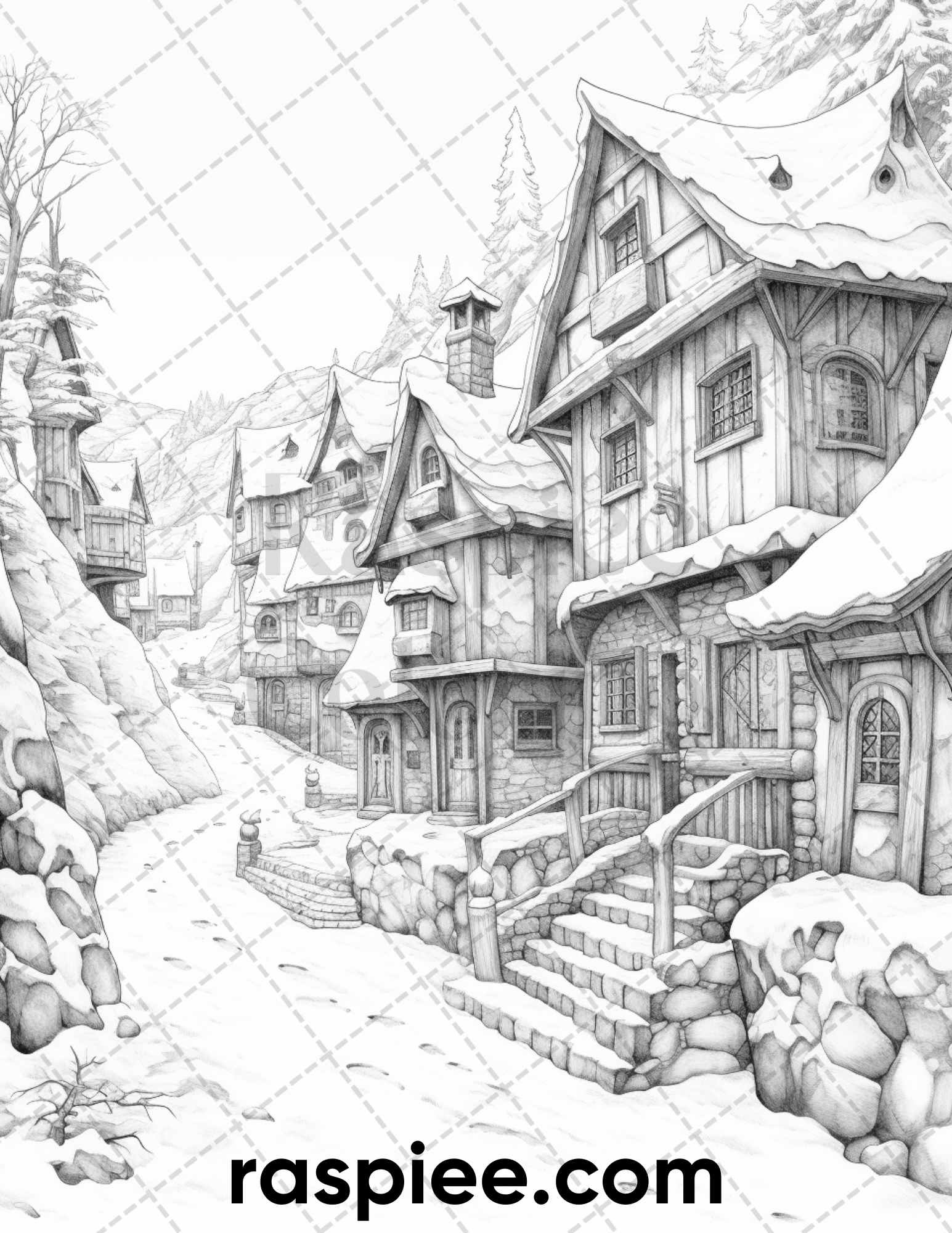 Fantasy winter village grayscale coloring pages for adults pdf fil â coloring