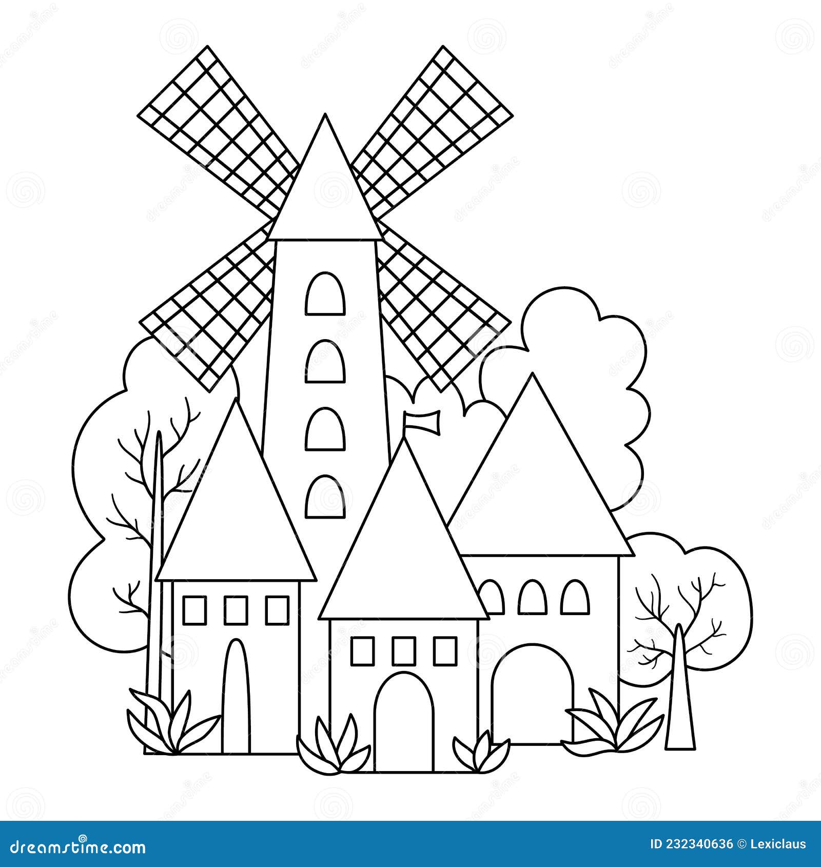 Vector coloring page medieval village icon with windmill magic kingdom picture stone wooden building coloring page stock vector