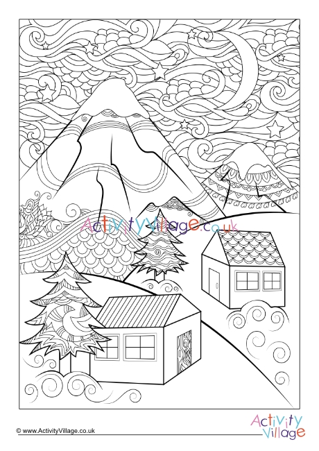 Winter village doodle louring page