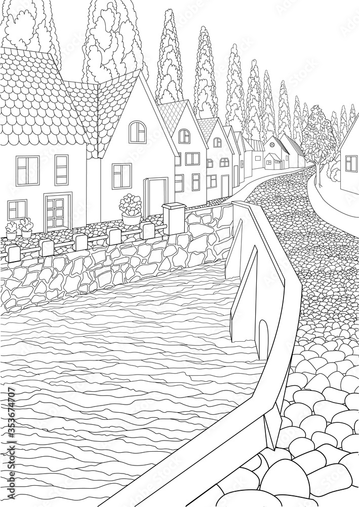 Coloring book for adults with cute european village with small houses a bridge and a river vector