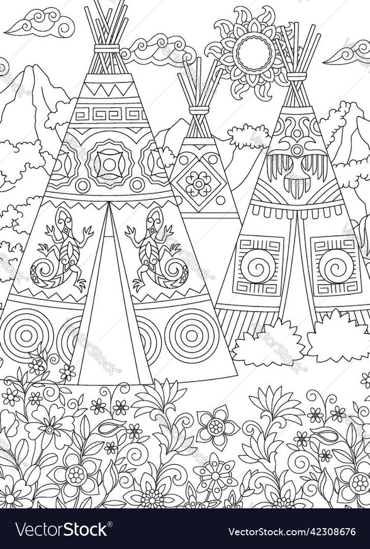 Native american village coloring page royalty free vector