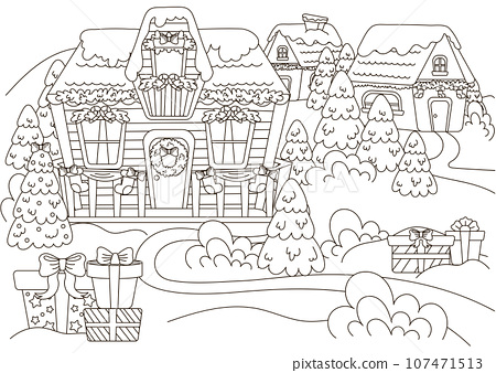 Christmas village coloring page for kids and