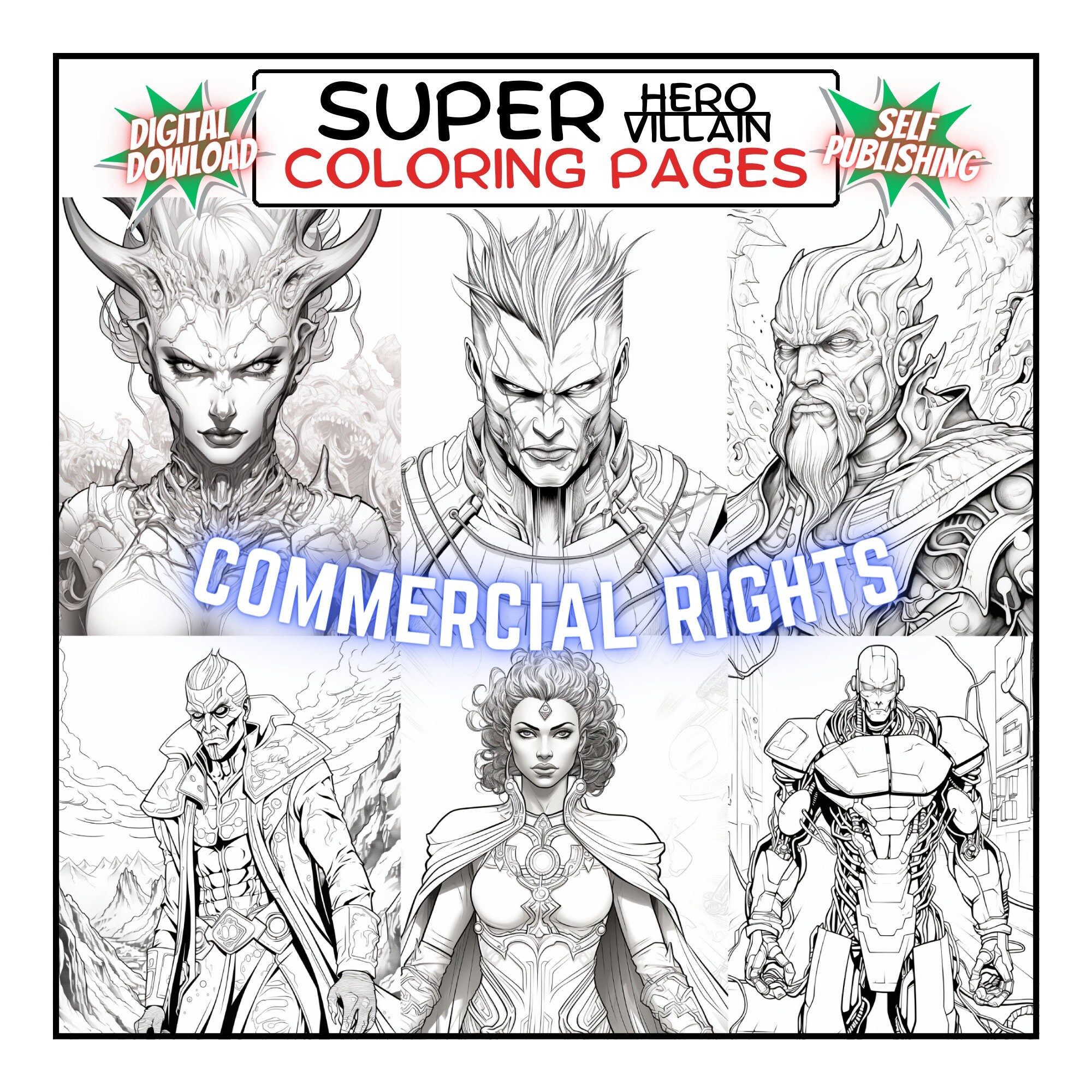 Superhero villain adult coloring pages bundle pages for digital download png amazon kdp interior low price original designs