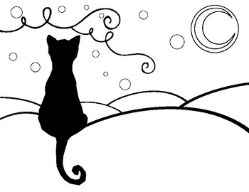 Starry night black cat coloring page