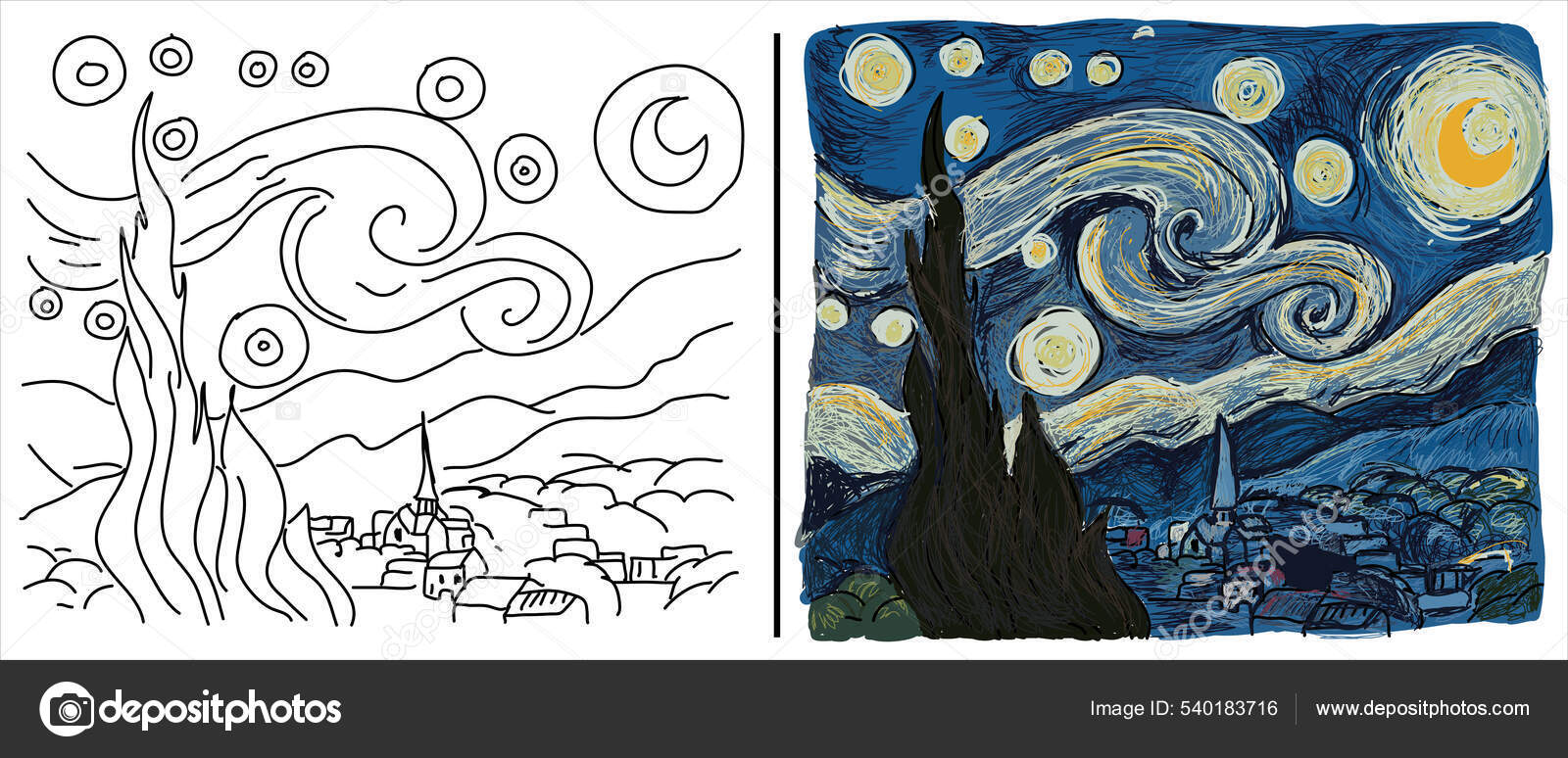 Coloring page starry night based vincent van goghs painting stock vector by mtesla