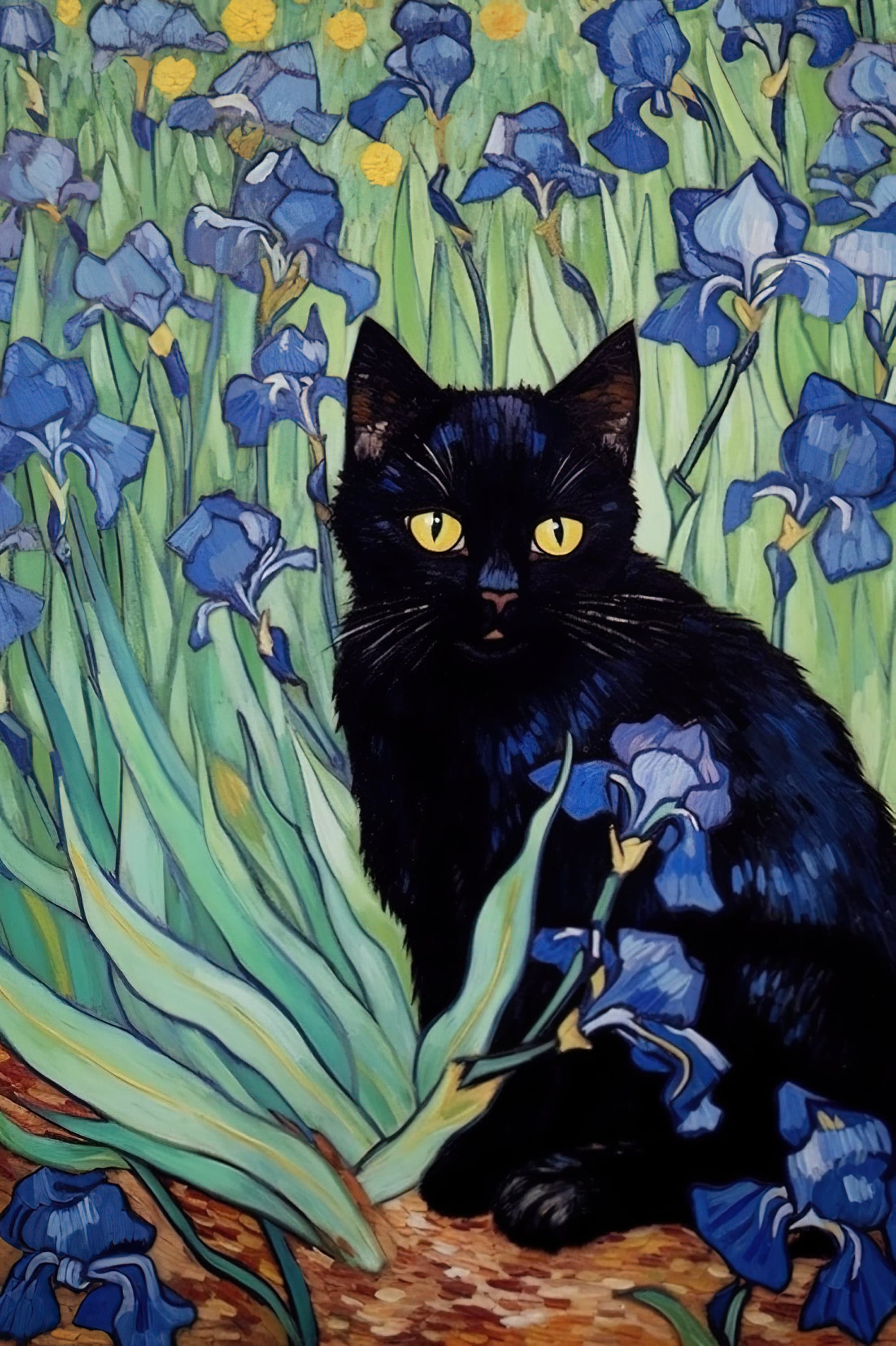 Vincent van goghs irises cat print van gogh cat poster black cat art floral print funny cat print funny gift digital download png