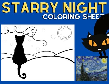 Starry night black cat coloring page