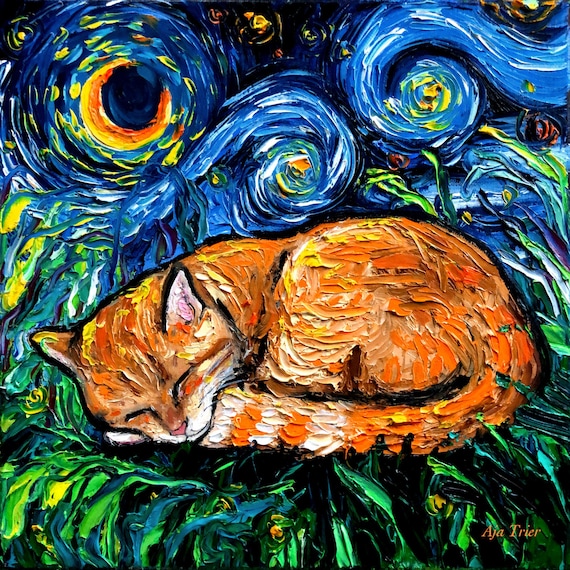 Orange tabby cat art starry night art print picture by aja choose size and type of paper photo paper or watercolor paper home decor