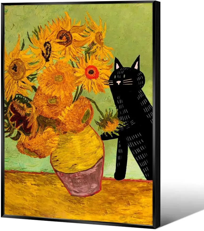 Vintage van gogh sunflower cat print canvas wall artïblack cat decor aesthetic p