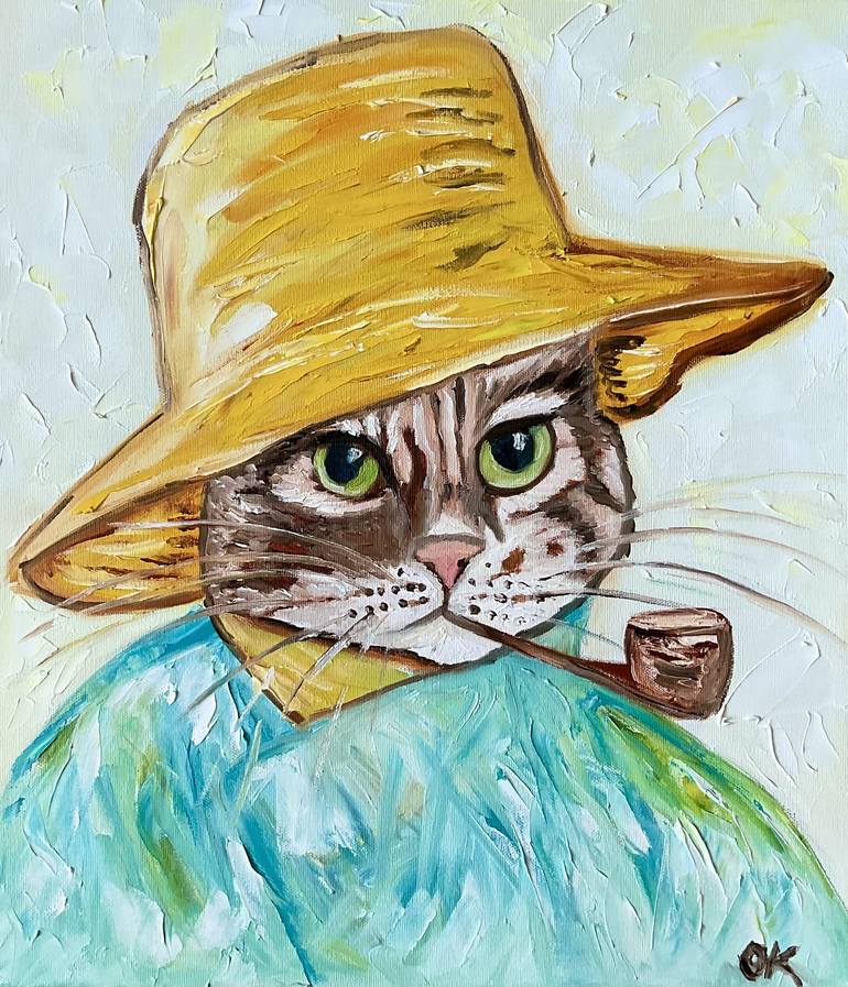 Cat vincent van gogh with a pipe painting by olga koval saatchi art