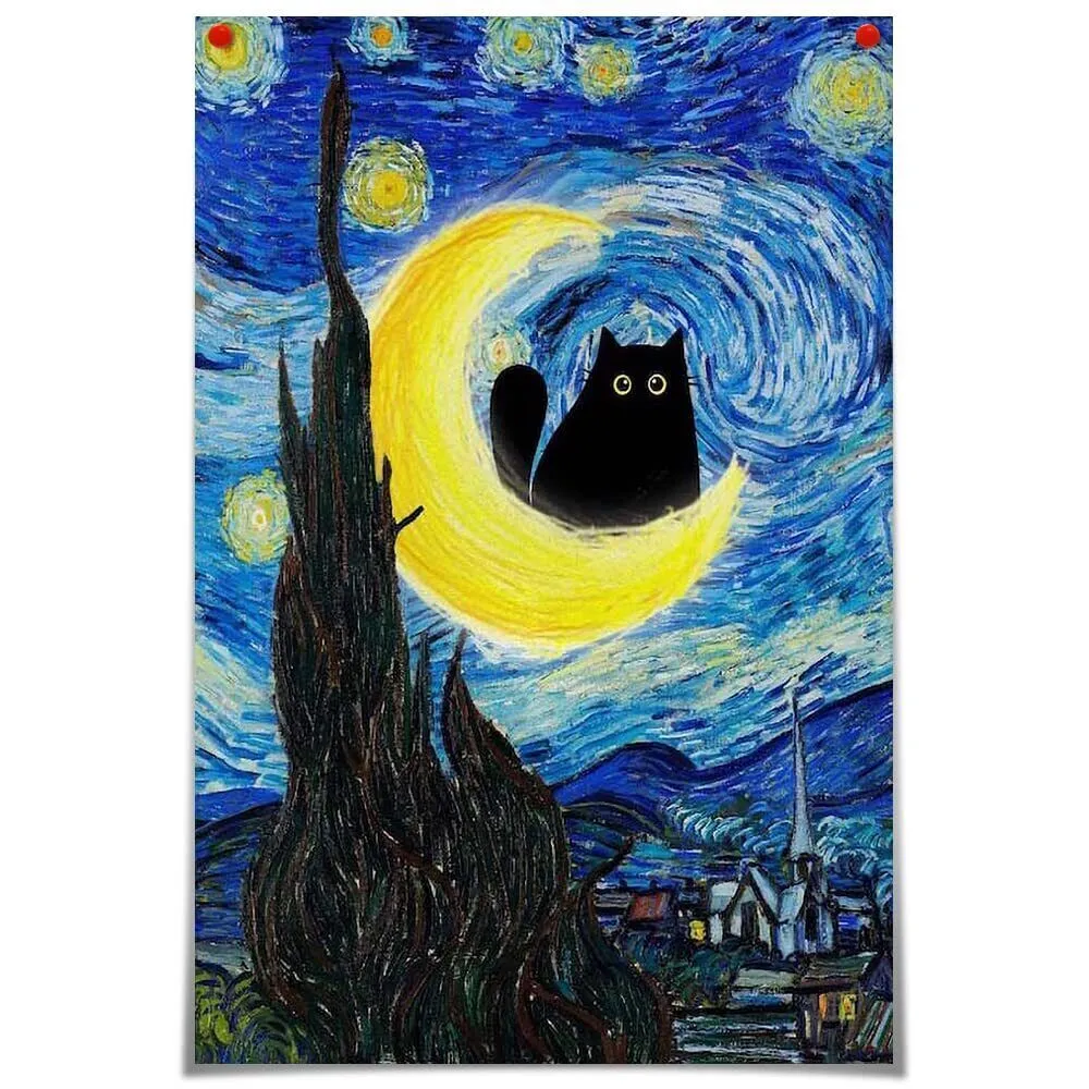 Van gogh the starry night cat wall art famous oil paintings black cat poster