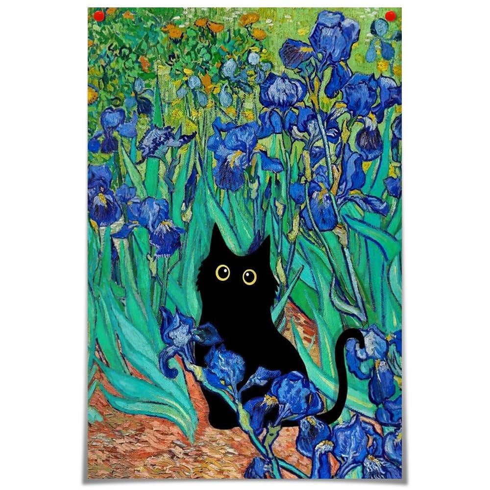 Van gogh irises canvas wall art famous oil paintings garden flower black cat poster funny cat floral print colorful abstract farmhouse gallery aesthetic room wall decor for bathroom xin unframed