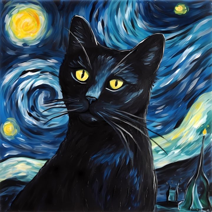 The starry night black cat painting