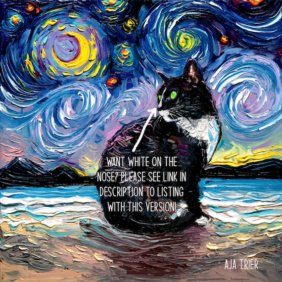 Tuxedo cat on beach starry night art print picture by aja choose size and type of paper photo paper or watercolor paper home decor