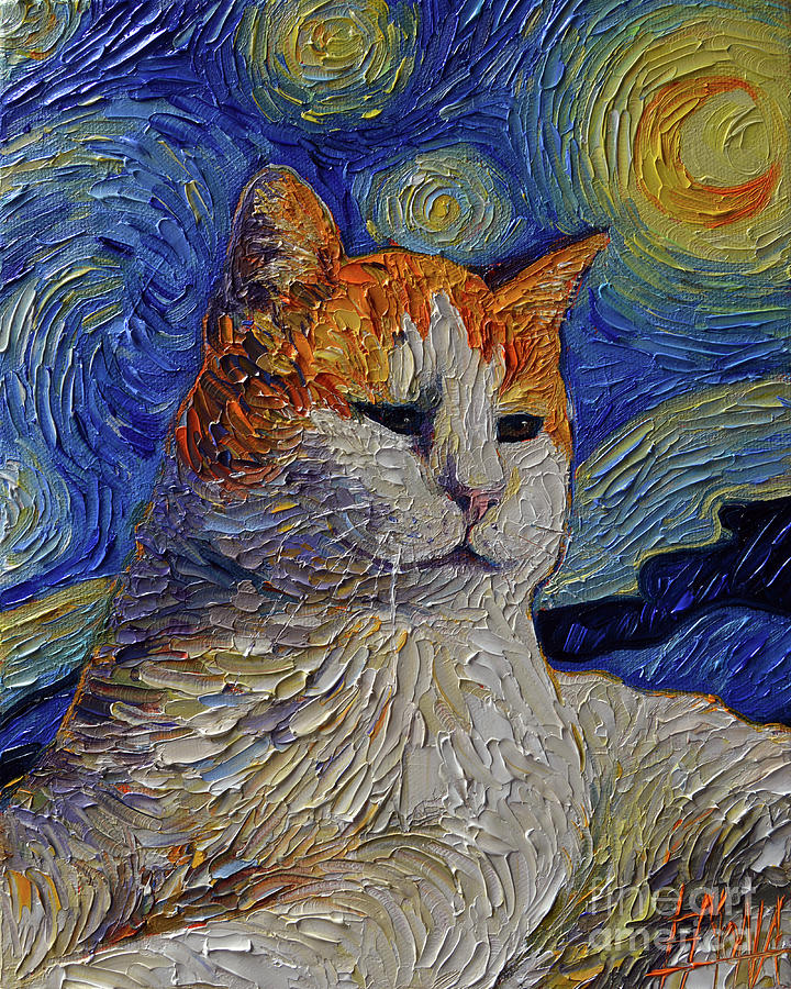 Candy cat portrait with van gogh starry night sky textured palette knife oil painting painting by mona edulesco