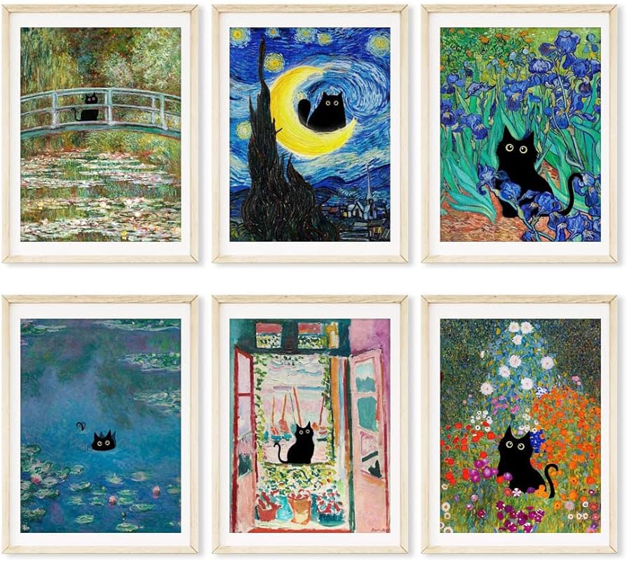 Verenix vintage van gogh black cat decor wall artfunny cat pictures for bathroom home cute black cat poster set of xinch unframed greenpcs xin unframed posters prints