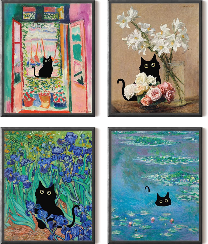 Funny black cat wall art prints matisse monet van gogh eclectic aesthetic de