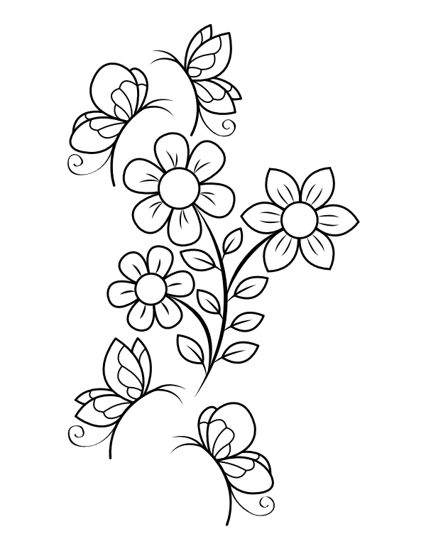 Printable butterflies hovering around flowers coloring page