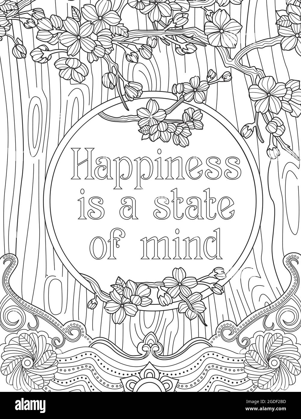 Plant vines surrounding inspirational message saying happiness is a state of mind line drawing tree trunk with vine flowers coloring book page stock vector image art