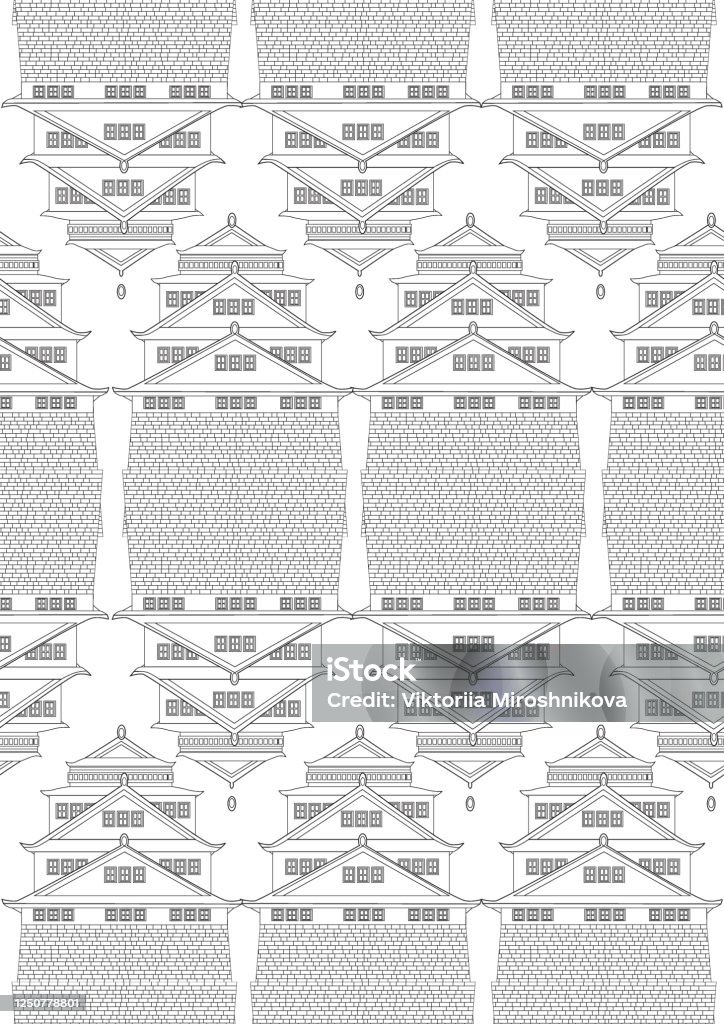 Seamless pattern with asian temple architecture as a colorless coloring page offline vector stock illustration with vintage structure stock illustration